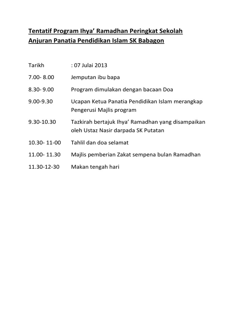 Tentatif Program Ihya Ramadhan | PDF
