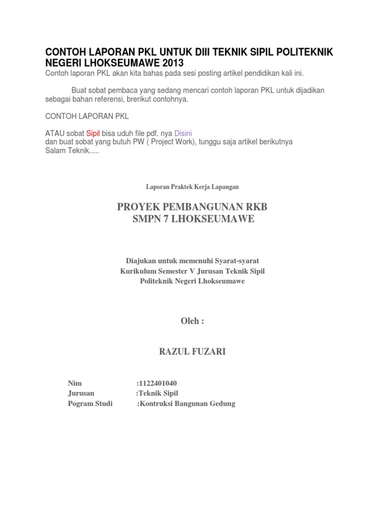 Contoh Laporan Pkl Untuk Diii Teknik Sipil Politeknik Negeri Lhokseumawe 2013
