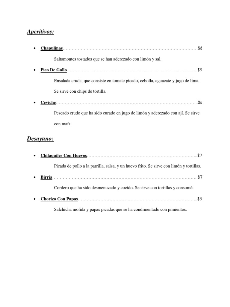 Spanish Menu | PDF | Deportes y actividades al aire libre | Cocina ...