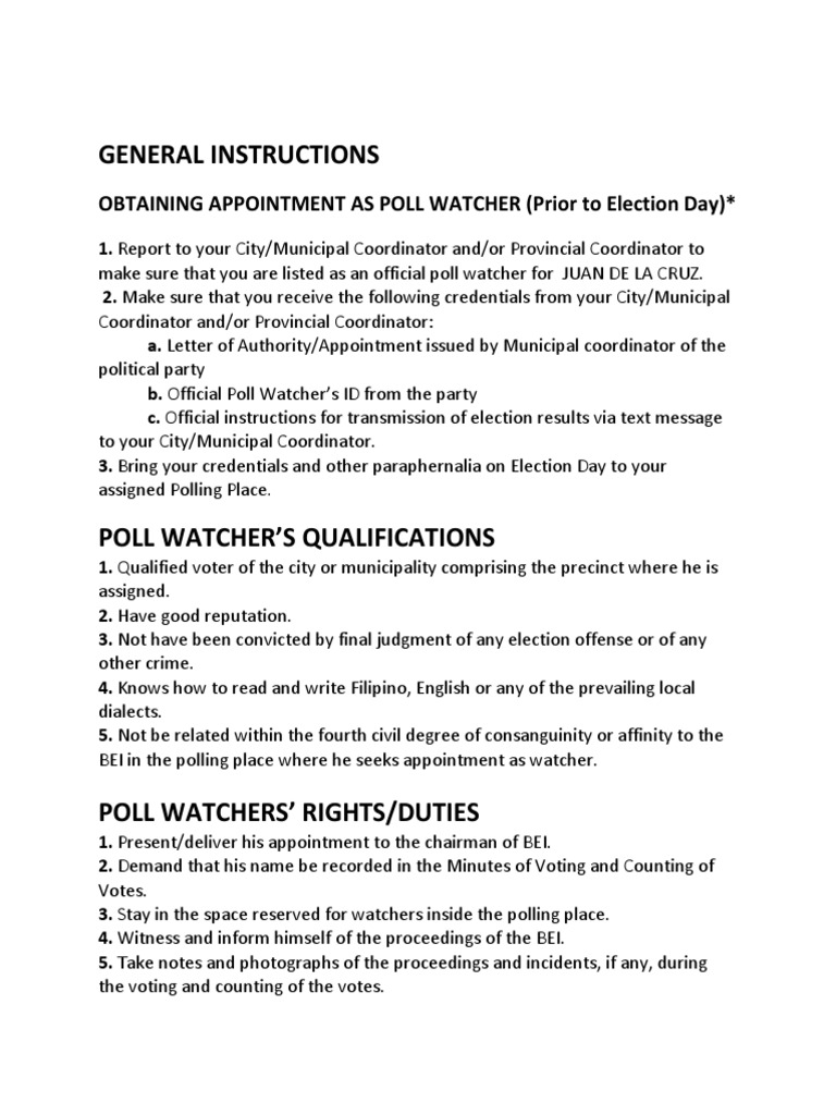 Poll Watcher Guidelines | PDF | Polling Place | Ballot