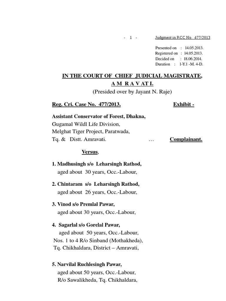 Melghat Tiger Poaching Case Judgement PDF Confession (Law) Poaching