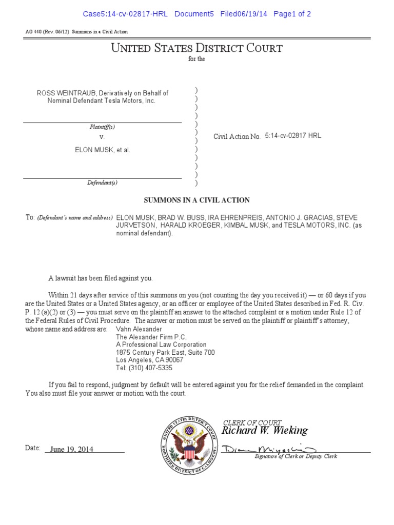 Tesla lawsuit summons Service Of Process Summons