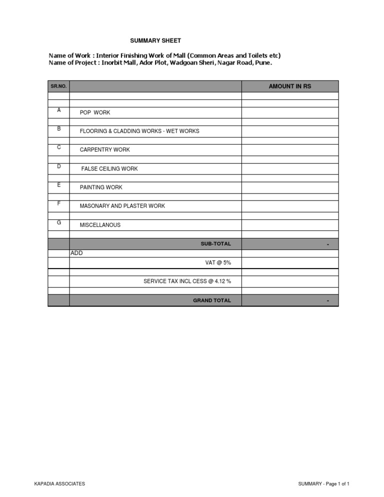 Interior Work Tender BOQ Revised Summary PDF Architectural Design