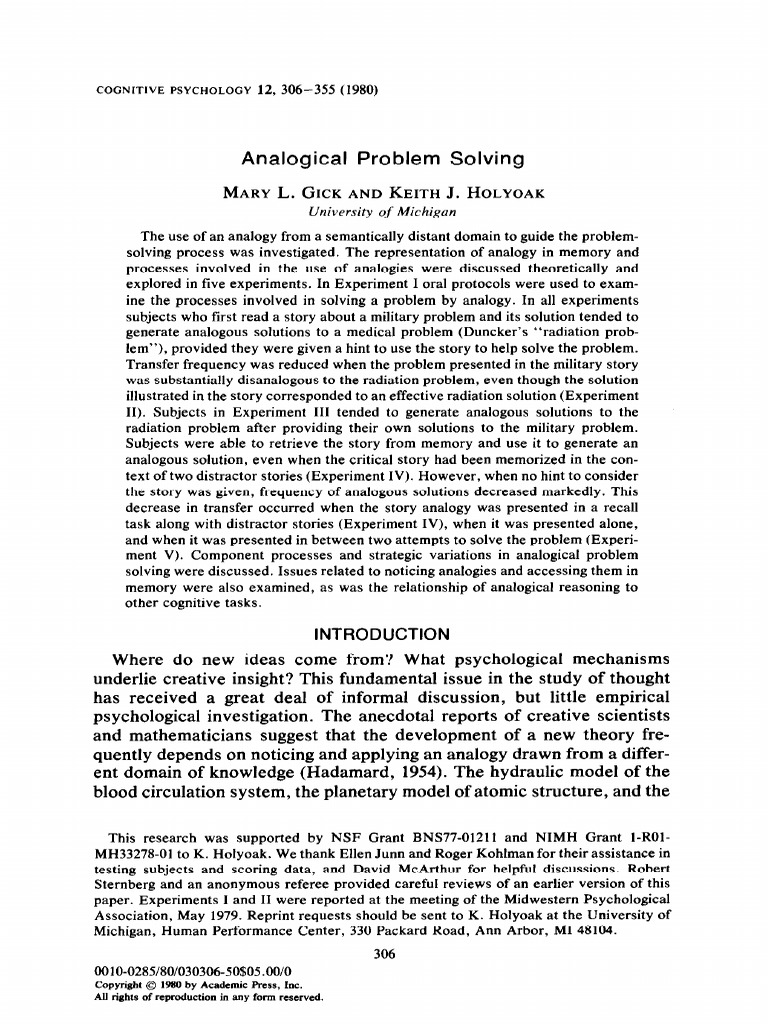 Analogical Problem Solving: Cognitive Psychology 12 | PDF | Analogy ...