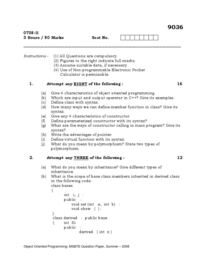 OOP MSBTE Question Paper Summer 2008 | PDF | Method (Computer ...