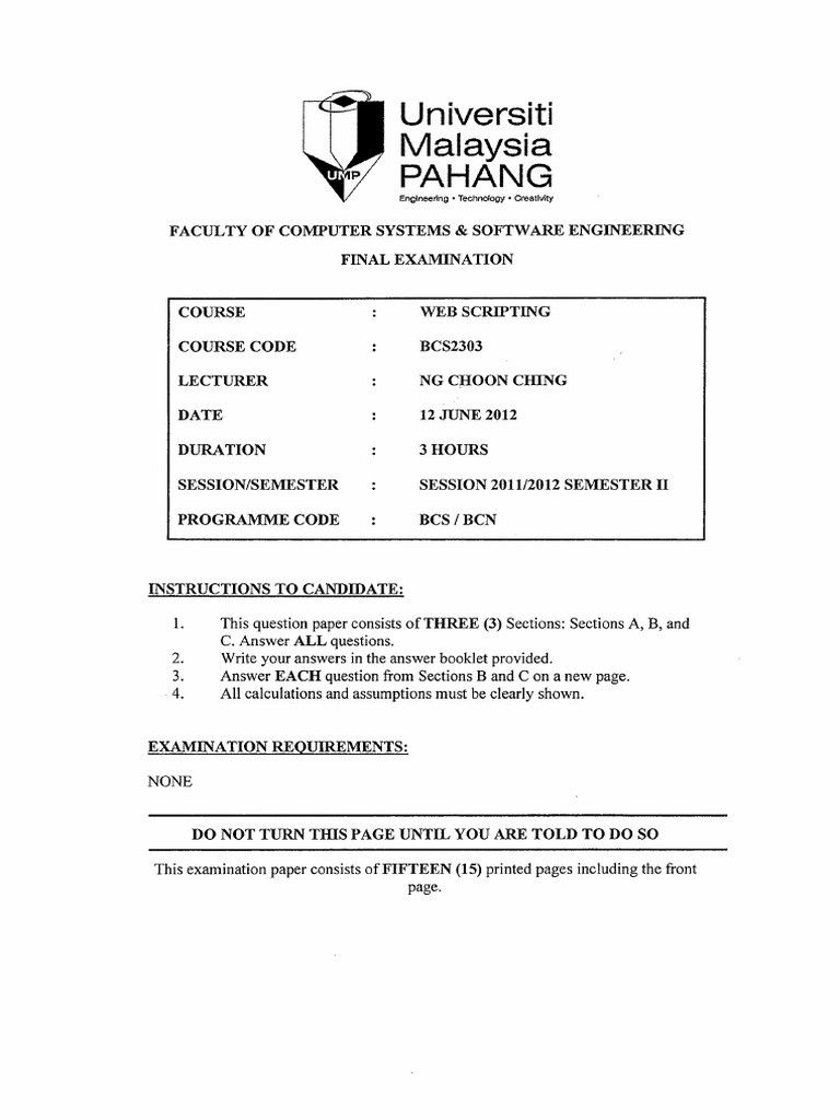 Web Scripting Final Exam Paper | PDF | Html Element | Html