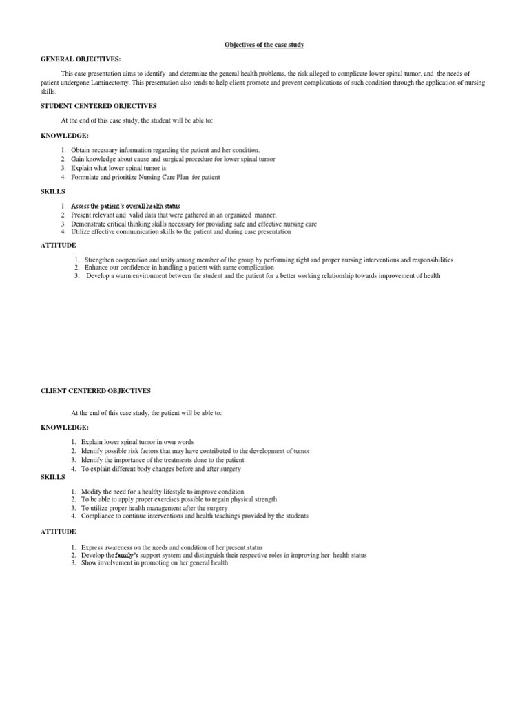 Objectives of the Case Study | Patient | Surgery