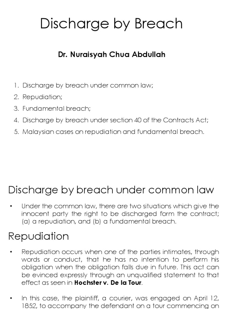 Discharge by Breach (Student) PDF Breach Of Contract Rescission