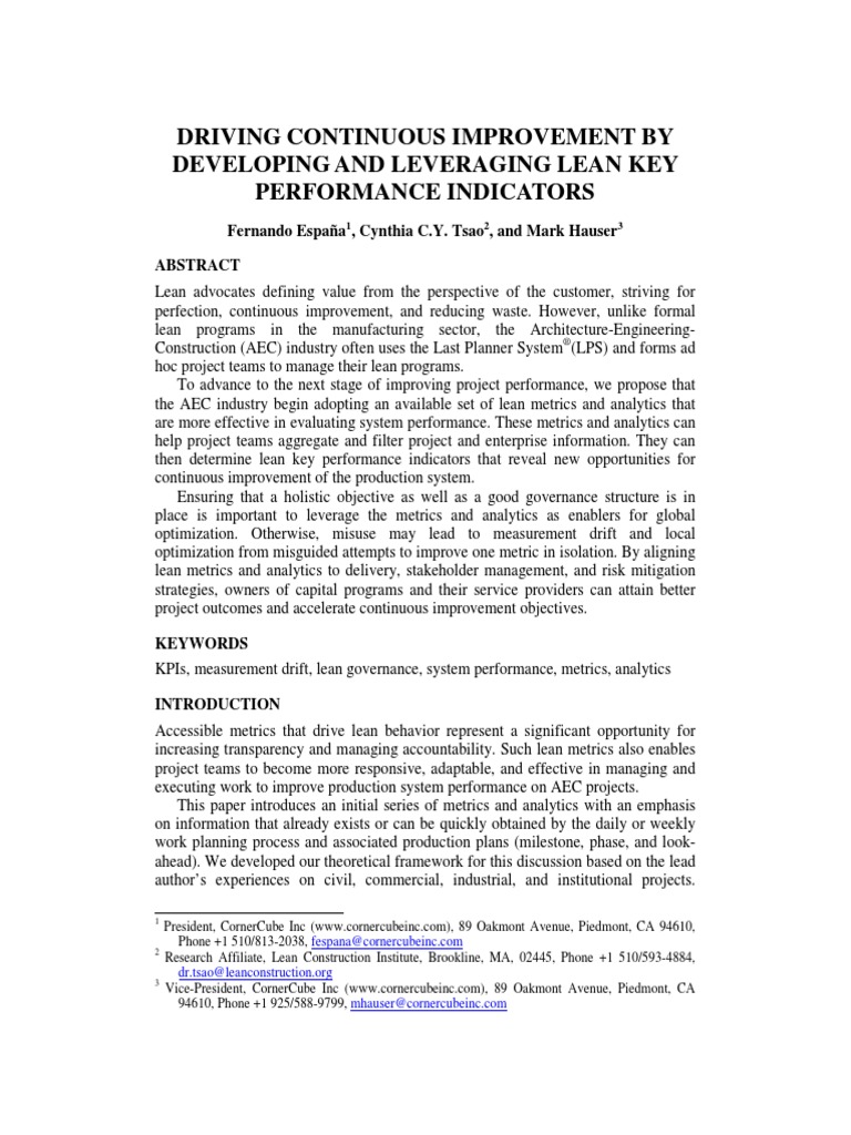 Driving Continuous Improvement by Developing and Leveraging Lean Key ...