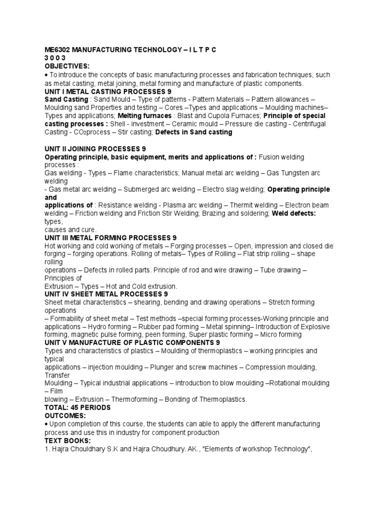 Me6302 Manufacturing Technology | PDF | Casting | Casting (Metalworking)