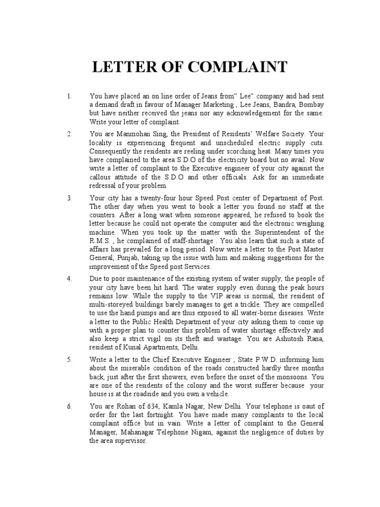 LETTER OF COMPLAINT | Delhi | Newspaper And Magazine