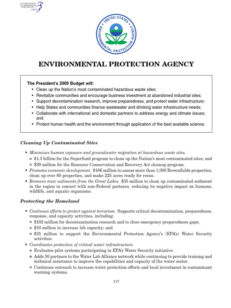 Environmental Protection Agency The President's 2009 Budget Will PDF