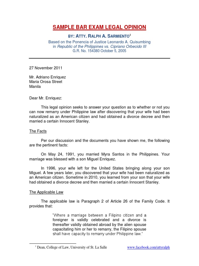 Sample Legal Opinion by Atty. Ralph Sarmiento Marriage Divorce