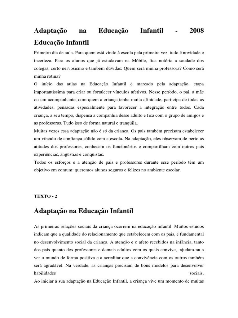 TEXTOS - Adaptação Na Educação Infantil | PDF