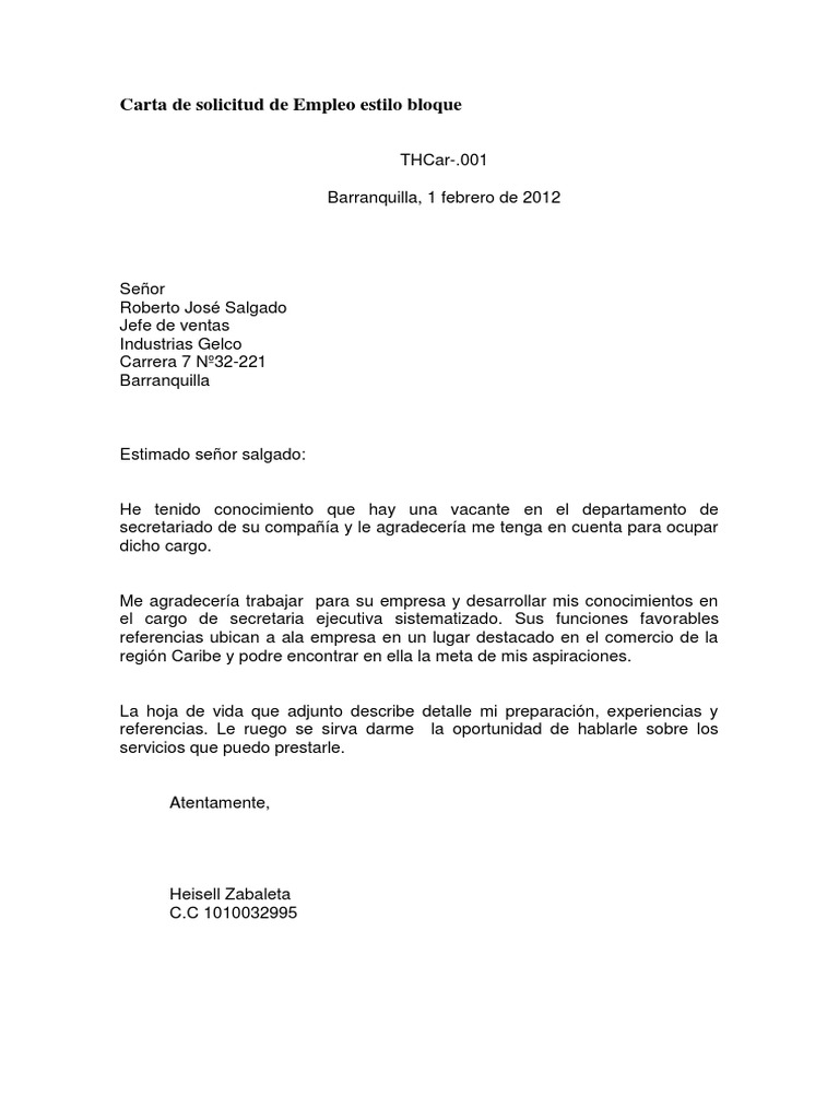 Carta De Solicitud De Empleo Estilo Bloque Pdf
