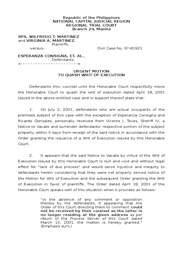 Motion to Quash Writ of Execution Legal Concepts Common Law