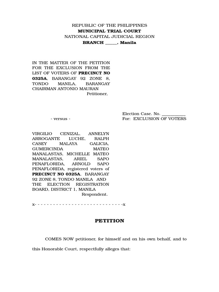 Petition for Exclusion Manila Commission On Elections (Philippines)