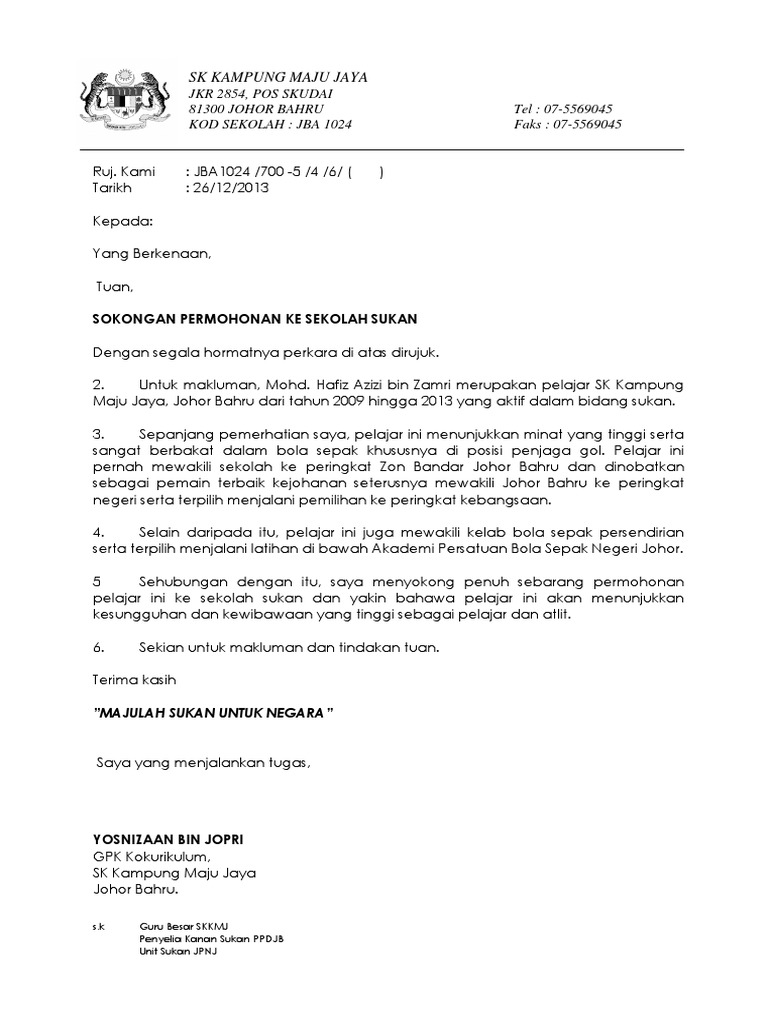 Contoh Surat Sokongan Yb - letter.7saudara.com