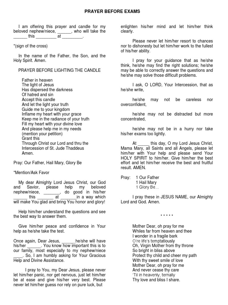 Prayer Before Exams | PDF | Prayer | Mary, Mother Of Jesus