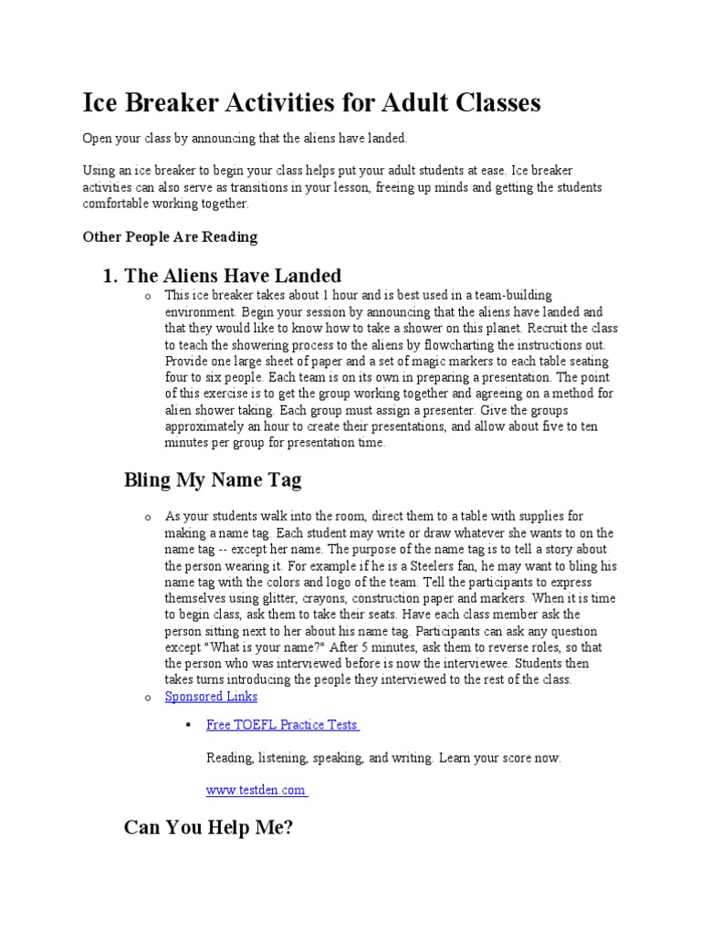 Ice Breakers For Adult Classes PDF