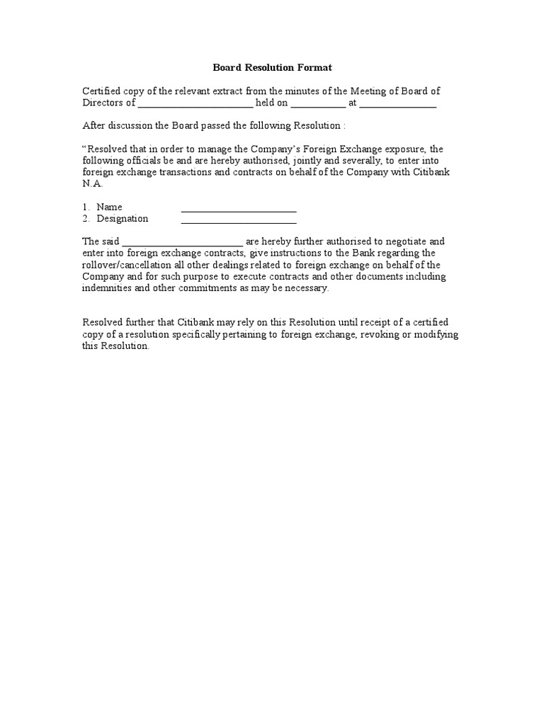 Board Resolution Format | PDF | Finance & Money Management