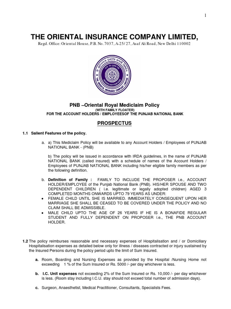 Prospectus Royal Mediclaim Punjab National Bank Insurance