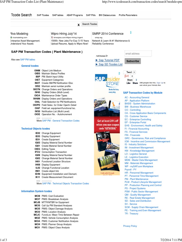 SAP PM Transaction Codes List (Plant Maintenance) PDF Economies