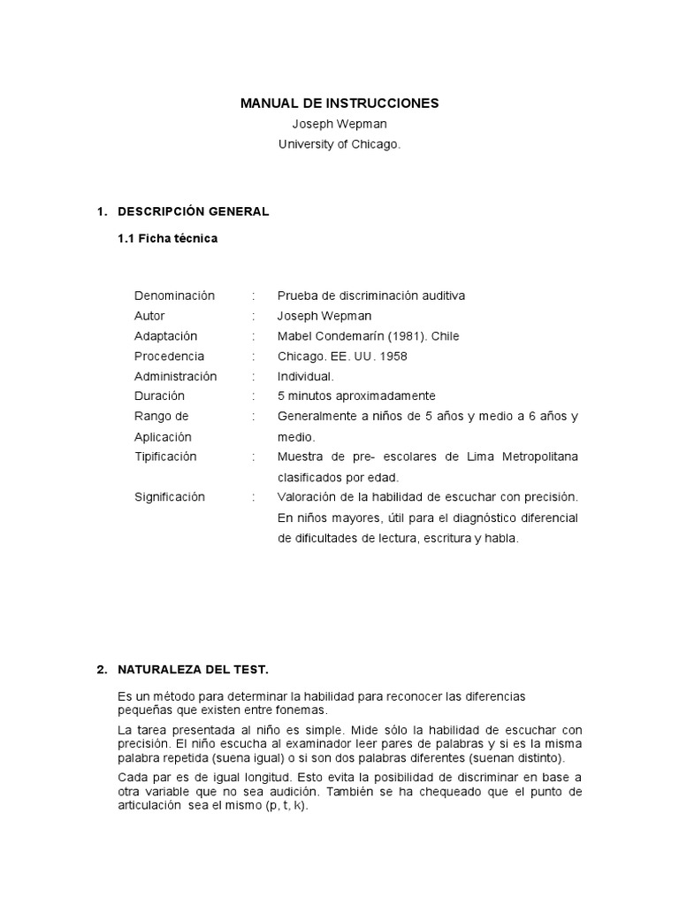 Test de Wepman: Discriminación Auditiva | PDF | Lectura (proceso) | Voz ...
