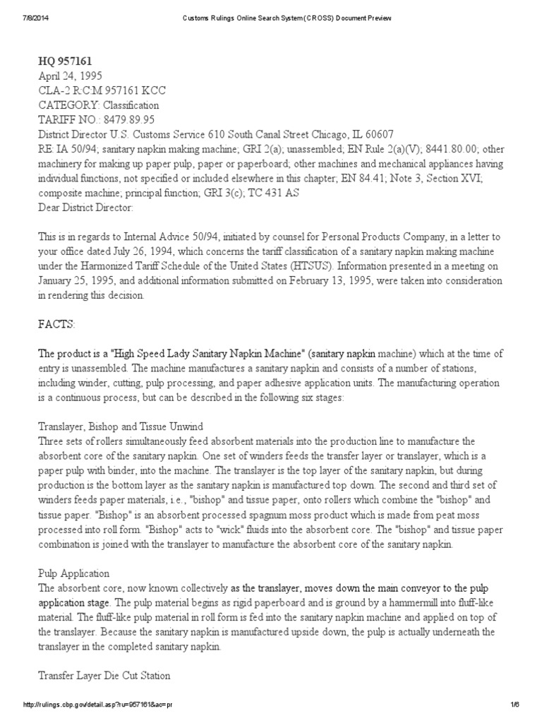 Napkin Process Customs Rulings Online Search System (CROSS) Document Preview Paper Paperboard
