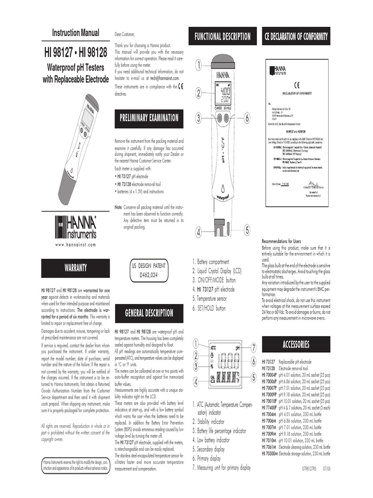 Hanna PH Meter Instructions | PDF | Ph | Calibration