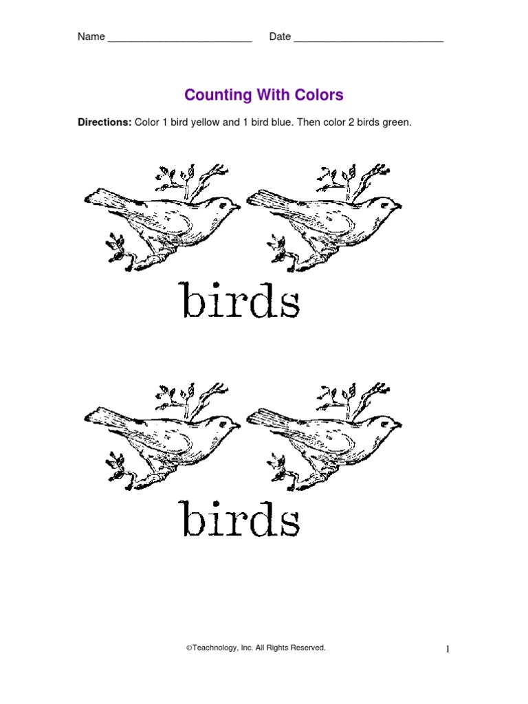 Counting With Colors: Directions: Color 1 Bird Yellow and 1 Bird Blue ...