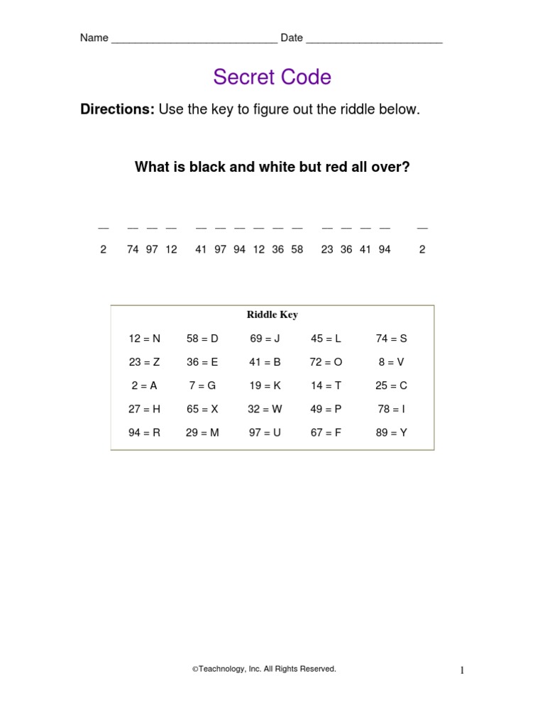 Secret Code: Directions: Use The Key To Figure Out The Riddle Below ...