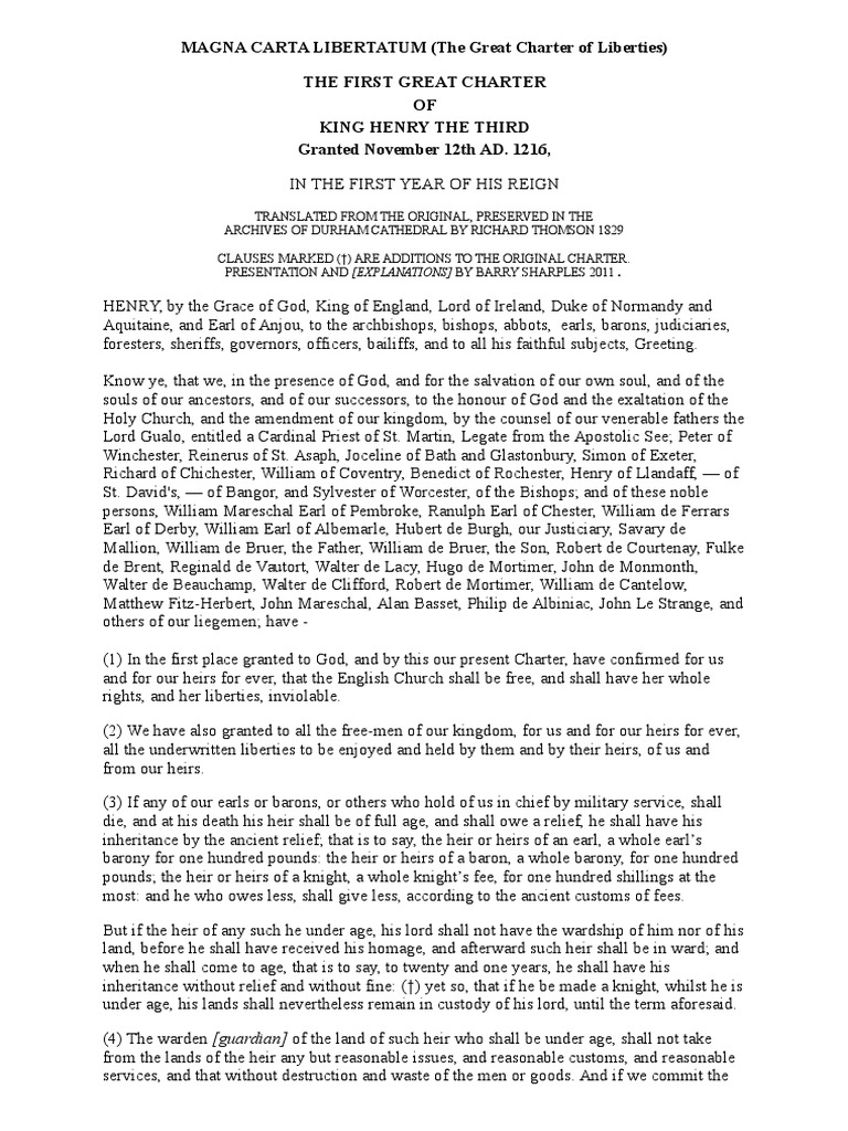 MAGNA CARTA LIBERTATUM (The Great Charter of Liberties) The First Great ...