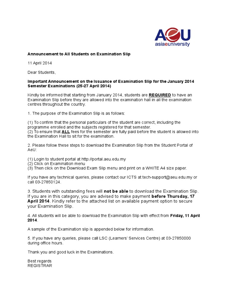 Announcement To All Students On Examination Slip - January 2014 | PDF ...