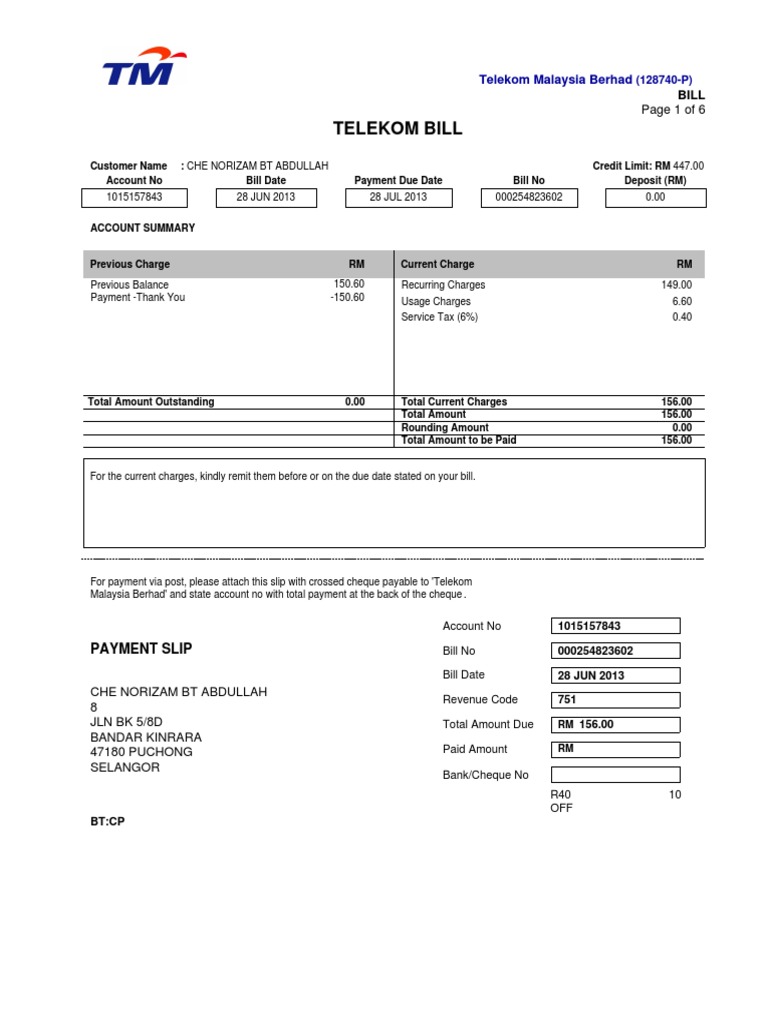 Telekom Malaysia Bill Summary 2013 | PDF | Payments | Cheque