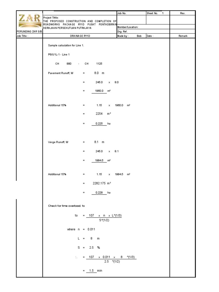 Sample Calculation Drainage Design (Road Side Drain) Water And