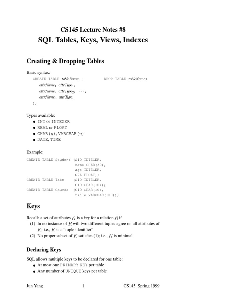 SQL Tables, Keys, Views, Indexes CS145 Lecture Notes 8 PDF