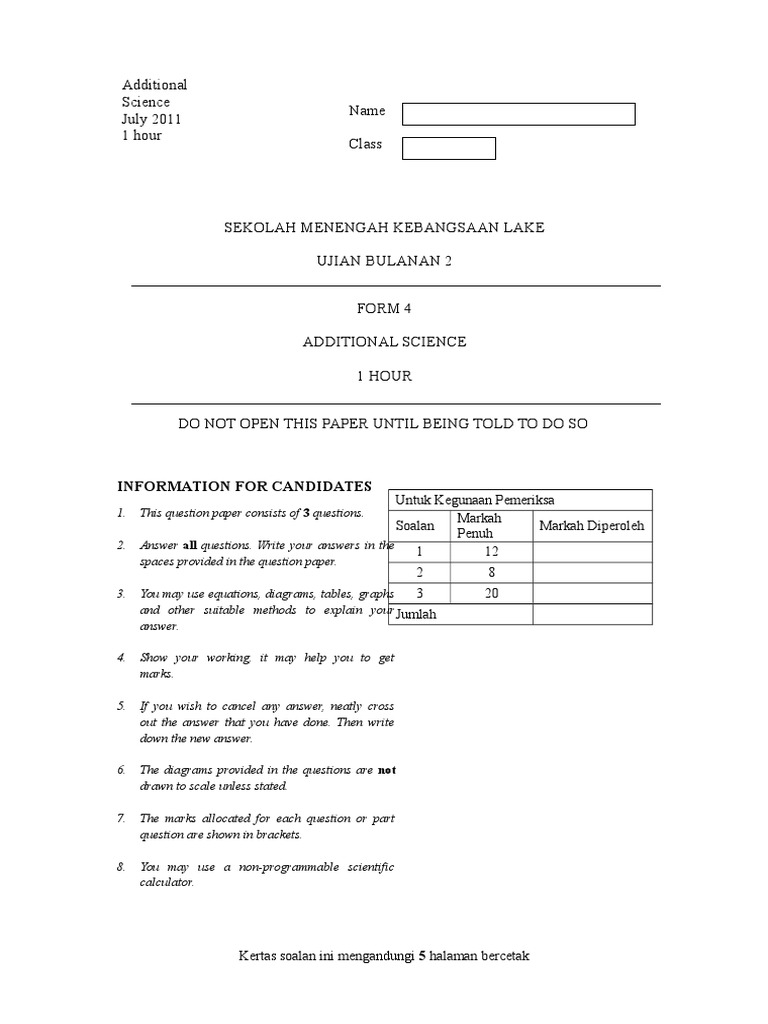 Form 4 Additional Science Exam Paper | PDF | Chlorine | Chloride