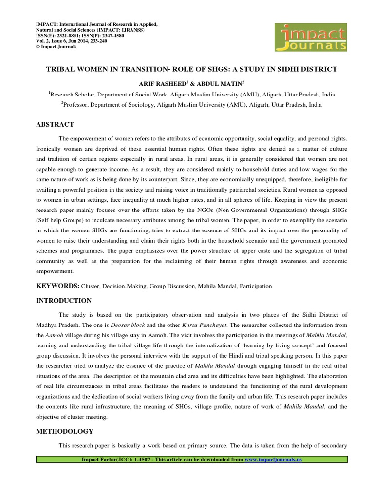 Applied-Tribal Women in Transition - Role of SHGS-Arifrasheed | PDF ...