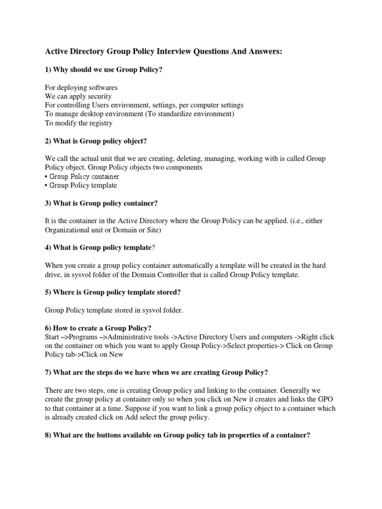 Active Directory Group Policy Interview Questions and Answers PDF Group Policy Active