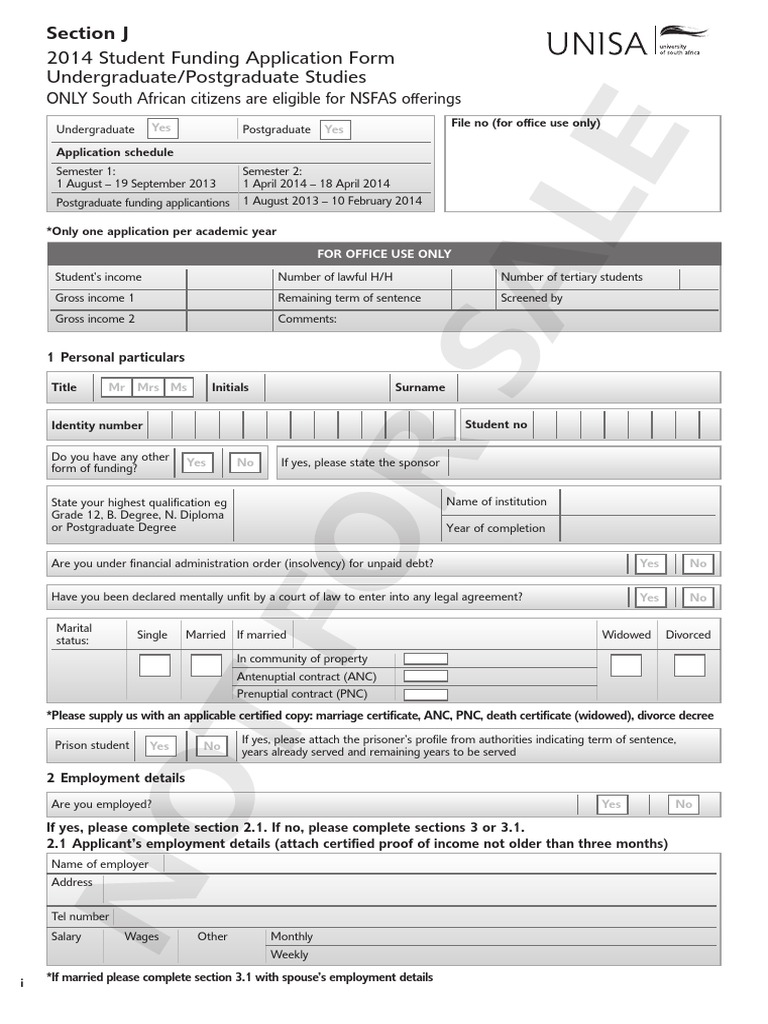 UNISA NSFAS 2014 Application Form PDF Government Information