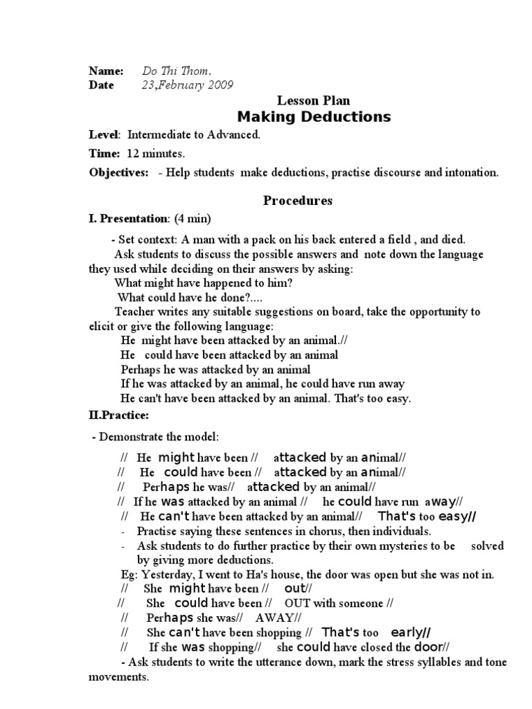 Copy of Lesson Plan of Making Deduction THOM | PDF