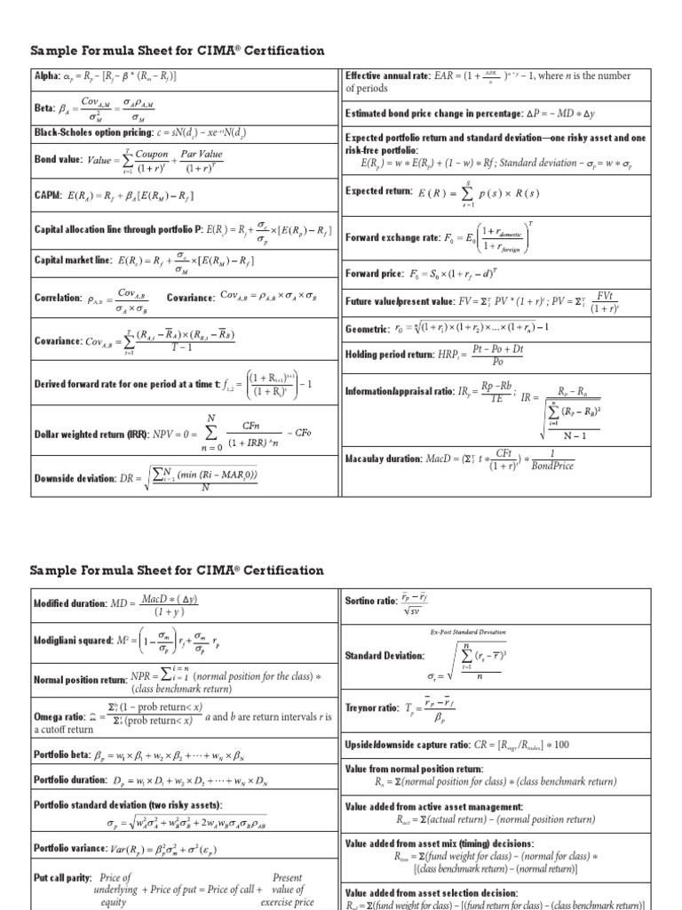 Sample Formula Sheet for CIMA Certification: = R - (R - β * (R - R ...