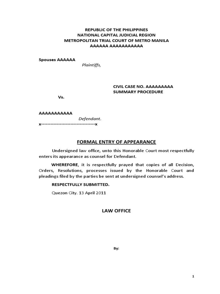 Formal Entry of Appearance Sample | PDF | Lawsuit | Legal Procedure