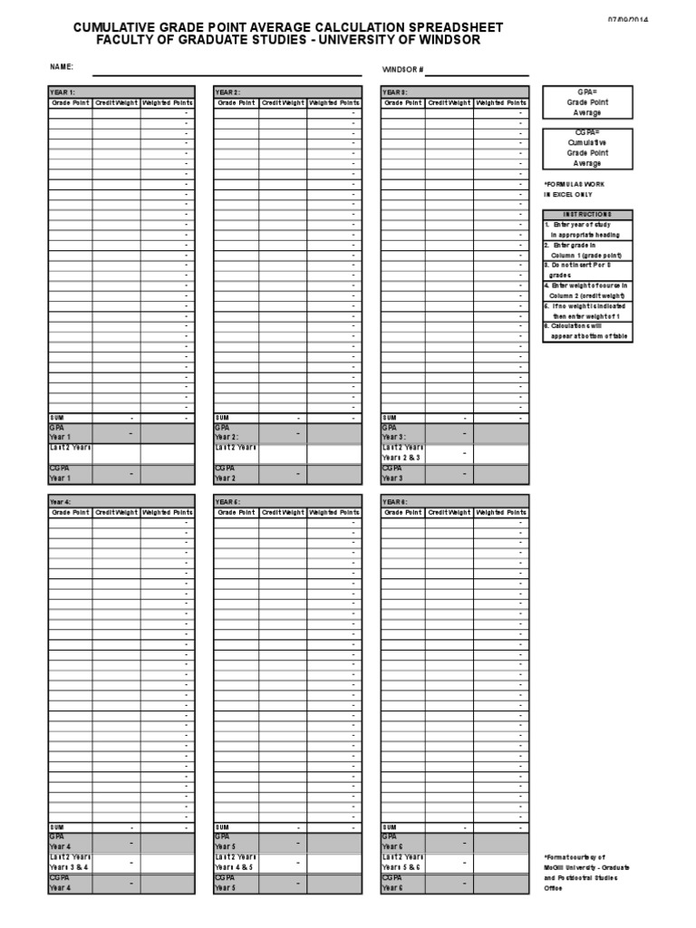 CGPA Calculation Spreadsheet | PDF