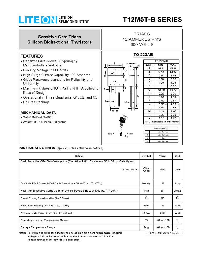 T12M5T-B Series: Sensitive Gate Triacs Sillicon Bidirectional ...