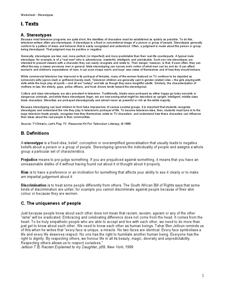 Worksheet Stereotype Worksheets stereotypes worksheet discrimination