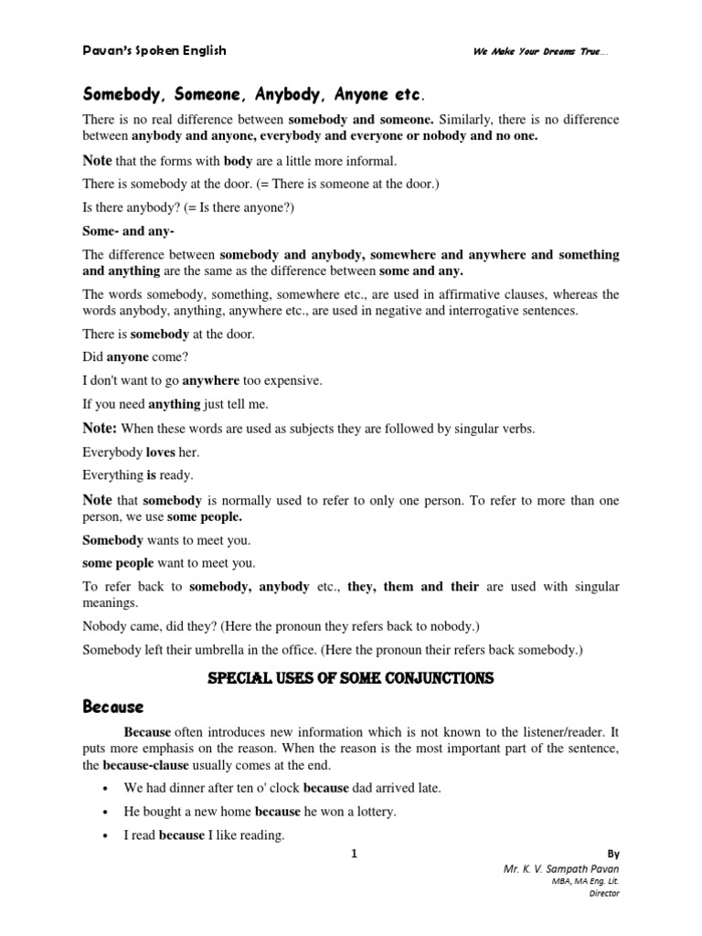 Somebody, Someone, Anybody, Anyone Etc.: Special Uses of Some ...