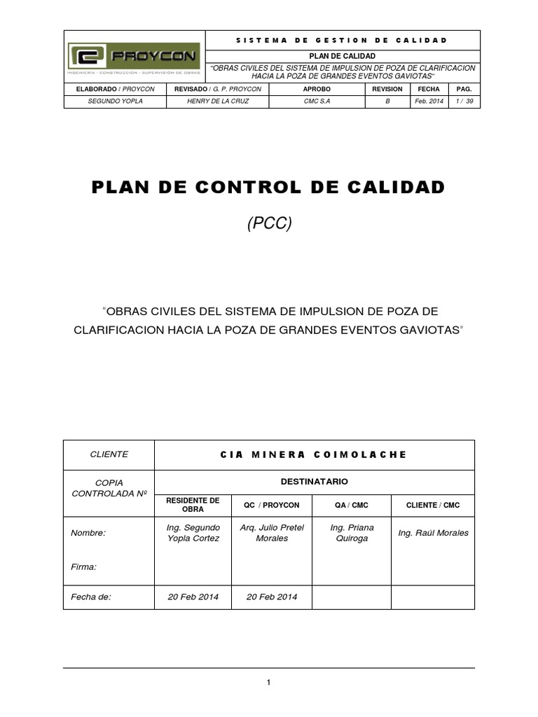 Plan de Calidad Proycon para Obras Civiles | PDF | Gestión de la ...