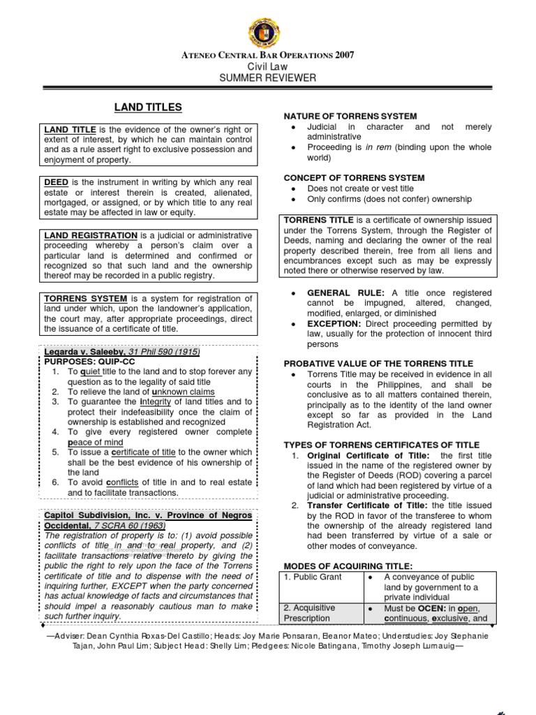Land Titles Title (Property) Judgment (Law)